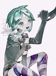 Rule 34 | 1other, :d, androgynous, aqua eyes, aqua hair, between legs, black gloves, collared shirt, colored eyelashes, colored skin, crystal hair, elbow gloves, gem uniform (houseki no kuni), gloves, hand between legs, highres, holding finger, holding hands, houseki no kuni, kiyosisenzyou, knees up, looking at another, looking up, necktie, open mouth, out of frame, parted bangs, phosphophyllite, puffy sleeves, raised eyebrow, shirt, short hair, short shorts, shorts, simple background, sitting, smile, striped clothes, striped thighhighs, thighhighs, white background, white skin