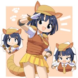 Rule 34 | 1girl, :d, animal ears, black eyes, black hair, blunt bangs, bob cut, breasts, brown necktie, brown vest, collared shirt, commentary request, cowboy shot, elbow pads, giant armadillo (kemono friends), gloves, kemono friends, lets0020, looking at viewer, medium bangs, medium breasts, miniskirt, multiple girls, necktie, notice lines, open mouth, paw print, paw print background, pink background, pleated skirt, salute, shirt, short hair, skirt, smile, tail, vest, white gloves, white shirt, yellow skirt