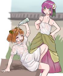 Rule 34 | 2girls, :d, blush, bottle, buttons, camisole, clothes around waist, clothes pull, collared shirt, dress shirt, closed eyes, flower, frills, frogsnake, grass, green ribbon, hair flower, hair ornament, hair ribbon, hand on own hip, hieda no akyuu, looking at another, motoori kosuzu, multiple girls, nail polish, open mouth, orange hair, orange nails, outdoors, pouring, purple eyes, purple hair, purple skirt, raised eyebrows, ribbon, see-through, shirt, shirt around waist, short sleeves, sitting, skirt, smile, standing, sweat, tongue, tongue out, touhou, twintails, water, white shirt