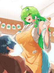 Rule 34 | 1boy, 1girl, adult baby, ahoge, apron, baby bottle, black hair, blue skirt, blush, bottle, breasts, collared shirt, commentary request, detached sleeves, frilled skirt, frills, frog hair ornament, green eyes, green hair, hair ornament, hetero, highres, holding, holding bottle, kochiya sanae, large breasts, long hair, looking at another, medium bangs, odoro (nicoseiga81184094), on person, open mouth, shirt, short hair, single hair tube, single sidelock, skirt, sleeveless, sleeveless shirt, smile, snake hair ornament, solo focus, touhou, upper body, white shirt, white sleeves, yellow apron