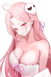 Rule 34 | 1girl, absurdres, ahoge, bare shoulders, blush, breasts, cleavage, collarbone, deevile 0122, dress, forehead, grin, hair ornament, hair ribbon, heart, heart ahoge, highres, korean commentary, large breasts, long hair, looking at viewer, mole, mole under eye, parted bangs, pink eyes, pink hair, pink lips, pink ribbon, purple ribbon, ribbon, selline (trickcal), simple background, skull hair ornament, smile, solo, strap slip, trickcal, upper body, white background, white dress