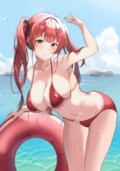 Rule 34 | 1girl, absurdres, bent over, bikini, bird, blue sky, breasts, cleavage, closed mouth, cloud, earrings, gold trim, hair ribbon, hand up, heart, heart earrings, heterochromia, highres, hololive, houshou marine, houshou marine (summer), innertube, jbell, jewelry, large breasts, long hair, navel, ocean, raised eyebrows, red bikini, red eyes, red hair, ribbon, skindentation, sky, smile, solo, swim ring, swimsuit, twintails, virtual youtuber, water, wet, wet clothes, wet swimsuit, yellow eyes