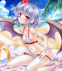 Rule 34 | 1girl, alternate hairstyle, at classics, ball, bare shoulders, bat wings, beach, beachball, bikini, bikini pull, blue hair, breasts, cleavage, clothes pull, day, high heels, looking at viewer, marker (medium), medium breasts, navel, no headwear, pulled by self, remilia scarlet, sample watermark, shoes, short hair, side ponytail, sitting, solo, striped bikini, striped clothes, swimsuit, touhou, traditional media, wariza, watermark, wings