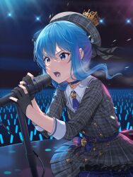 Rule 34 | 1girl, absurdres, ascot, belt, beret, black gloves, blue ascot, blue belt, blue choker, blue eyes, blue hair, blue nails, choker, concert, crown, dress, floating hair, frills, gloves, glowstick, hat, highres, holding, holding microphone, hololive, hoshimachi suisei, lights, microphone, microphone stand, mini crown, music, open mouth, partially fingerless gloves, plaid, plaid dress, plaid headwear, reccu, sidelocks, singing, solo, stage, star (symbol), star choker, star in eye, sweat, symbol in eye, v-shaped eyebrows, virtual youtuber, wavy hair