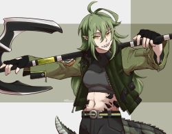 Rule 34 | 1girl, antenna hair, arknights, belt, black belt, black gloves, black pants, black shirt, breasts, crocodilian tail, cropped shirt, dlanon, fingerless gloves, gavial (arknights), gloves, green background, green hair, green jacket, hair between eyes, holding, holding weapon, jacket, long hair, looking at viewer, material growth, midriff, navel, open mouth, oripathy lesion (arknights), over shoulder, pants, pointy ears, sharp teeth, shirt, simple background, small breasts, solo, tail, teeth, twitter username, weapon, weapon over shoulder, yellow eyes