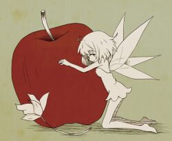 Rule 34 | 1girl, apple, bare shoulders, barefoot, bemani, chaki (chakan), character request, closed mouth, dress, fairy, fairy wings, flower, food, from side, fruit, full body, mini person, minigirl, short dress, short hair, sleeveless, sleeveless dress, solo, wings