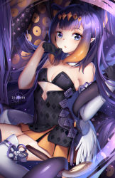 Rule 34 | 1girl, bare shoulders, black dress, blue eyes, blunt bangs, breasts, detached sleeves, dress, feet out of frame, gloves, hair ornament, heart, heart in eye, highres, holding, holding brush, hololive, hololive english, light particles, long hair, looking at viewer, monster girl, ninomae ina&#039;nis, ninomae ina&#039;nis (1st costume), no mole, pointy ears, purple hair, sidelocks, single detached sleeve, small breasts, smile, solo, squchan, strapless, strapless dress, symbol in eye, tassel, tentacle hair, tentacles, thigh strap, thighhighs, very long hair, virtual youtuber