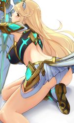 Rule 34 | 1girl, ass, bare shoulders, blonde hair, blush, breasts, detached sleeves, highres, ippers, large breasts, long hair, looking at viewer, looking back, miniskirt, mythra (xenoblade), nintendo, panties, shiny skin, sideboob, skirt, solo, underwear, very long hair, xenoblade chronicles (series), xenoblade chronicles 2, yellow eyes