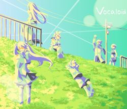Rule 34 | 00s, 2boys, 4girls, arms up, bad id, bad pixiv id, blue sky, closed eyes, copyright name, crossover, day, dress, full body, grass, hatsune miku, honey and clover, kagamine len, kagamine rin, kaito (vocaloid), megurine luka, meiko (vocaloid), multiple boys, multiple girls, outdoors, plant, pole, power lines, sky, sleeping, vocaloid, wazu (tokwz)