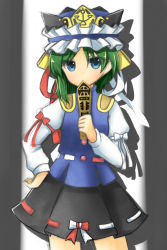 Rule 34 | 1girl, bad id, bad pixiv id, blouse, blue eyes, covering own mouth, dress, ellipsis (mitei), green hair, hand on own hip, hat, highres, ribbon, rod of remorse, shiki eiki, shirt, short hair, smile, solo, touhou
