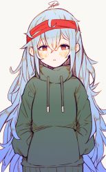 Rule 34 | 1girl, artist name, beige background, blue hair, blush, brown eyes, g11 (girls&#039; frontline), girls&#039; frontline, gradient hair, hairband, half-closed eyes, hands in pocket, hands in pockets, highres, hood, hoodie, long hair, looking at viewer, messy hair, multicolored hair, parted lips, signature, simple background, solo, tareme, tosyeo, upper body, very long hair, white background