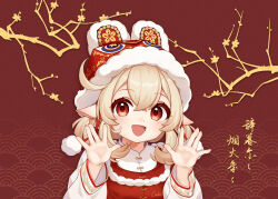 Rule 34 | 1girl, :d, ahoge, alternate costume, animal ears, cake (sayaka cake), chinese clothes, chinese new year, chinese text, commentary request, fake animal ears, genshin impact, hair between eyes, hat, highres, klee (genshin impact), light brown hair, long hair, long sleeves, looking at viewer, low twintails, open mouth, pointy ears, rabbit ears, red background, red eyes, sidelocks, simple background, smile, solo, translation request, twintails