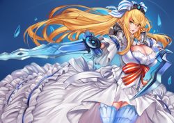 Rule 34 | 1girl, absurdres, blonde hair, blue ribbon, blue thighhighs, breasts, cendrillion (wonderland wars), cleavage, commentary request, dress, dual wielding, green eyes, hair ribbon, highres, holding, huge breasts, long hair, looking at viewer, open mouth, ribbon, solo, striped ribbon, sword, tahnya, thighhighs, weapon, white dress, white ribbon, wonderland wars