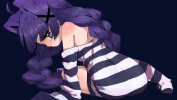 Rule 34 | 1girl, alice (criminal girls), bare shoulders, blush, body blush, braid, criminal girls, game cg, ichihaya, jewelry, long hair, necklace, nippon ichi, official art, purple eyes, purple hair, sad, simple background, sitting, sleeves past wrists, solo, striped clothes, striped thighhighs, tears, thighhighs, twin braids, twintails