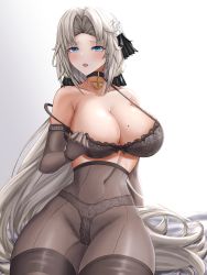 Rule 34 | 1girl, absurdres, azur lane, bare shoulders, black gloves, black pantyhose, blonde hair, blue eyes, blush, bodystocking, breasts, choker, cleavage, elbow gloves, gloves, high-waist pantyhose, highres, holding, kronshtadt (azur lane), large breasts, lingerie, long hair, looking at viewer, mole, mole on breast, musanix, open mouth, pantyhose, signature, teasing, thighs, underwear, white background