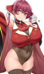 Rule 34 | 3girls, absurdres, armpits, bare shoulders, blush, breasts, cho!cho!, covered navel, cowboy shot, gloves, green hair, heterochromia, highres, hololive, houshou marine, huge breasts, jacket, leotard, long sleeves, looking at viewer, multiple girls, open clothes, open jacket, red eyes, red hair, shirogane noel, silver hair, simple background, smile, thick thighs, thighhighs, thighs, twintails, uruha rushia, virtual youtuber, white background, yellow eyes