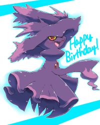 Rule 34 | absurdres, blush, chizi, creatures (company), english text, full body, game freak, gen 4 pokemon, ghost, happy, happy birthday, highres, looking at viewer, mismagius, nintendo, no humans, open mouth, outline, pokemon, pokemon (creature), red eyes, simple background, smile, solo, teeth, text focus, two-tone background, white background, yellow eyes