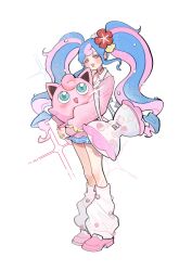 Rule 34 | 1girl, :d, absurdres, blue hair, blush, choker, clefairy, commentary, creatures (company), fairy miku (project voltage), flower, full body, game freak, gen 1 pokemon, half-closed eyes, hatsune miku, heart, heart choker, highres, jigglypuff, long hair, long sleeves, looking at viewer, nintendo, open mouth, own hands together, pink eyes, pink footwear, pink hair, pink nails, pink shirt, pink skirt, pokemon, pokemon (creature), project voltage, red flower, shirt, shoes, sidelocks, simple background, skirt, smile, symbol-only commentary, twintails, unravel463, very long hair, vocaloid, white background, white bag, white leg warmers, yellow flower