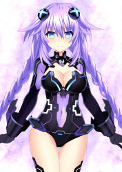 Rule 34 | 1girl, absurdres, black gloves, black leotard, blue eyes, braid, breasts, cameltoe, choujigen game neptune, cleavage, closed mouth, covered navel, cowboy shot, floating hair, gloves, hair between eyes, hair ornament, hatsune haruka, highres, large breasts, leotard, long hair, looking at viewer, neptune (series), purple hair, purple heart (neptunia), shrug (clothing), smile, solo, standing, strapless, strapless leotard, thigh gap, twin braids, twintails, very long hair