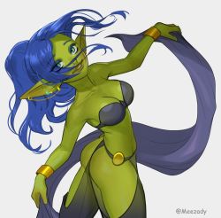 Rule 34 | 1girl, ass, bandeau, black bra, blue hair, bra, bracelet, breasts, colored skin, dancing, earrings, eyeshadow, female goblin, from behind, goblin, green eyes, green skin, grey background, hagoromo, harem pants, jewelry, long pointy ears, looking at viewer, looking back, makeup, medium breasts, nose piercing, nose ring, original, pants, parted lips, piercing, pointy ears, ponytail, roxxxan, shawl, simple background, smile, solo, standing, twisted torso, underwear