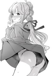 Rule 34 | 1girl, ahoge, anyoji hime, ass, blunt bangs, blush, clothes lift, commentary, cowboy shot, dress, dress lift, finger to mouth, greyscale, hair intakes, hair ribbon, hasu no sora school uniform, highres, hood, hooded jacket, index finger raised, jacket, lifting own clothes, link! like! love live!, long hair, long sleeves, looking at viewer, love live!, maritani (etetacunk), medium dress, monochrome, multi-tied hair, nose blush, panties, ponytail, ribbon, school uniform, shushing, sidelocks, simple background, solo, swept bangs, underwear, very long hair, virtual youtuber, white background, winter uniform