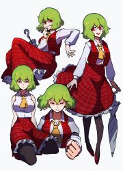 Rule 34 | 1girl, ascot, breasts, clenched hand, collared shirt, cropped torso, closed eyes, false smile, frilled skirt, frills, frown, full body, green ascot, green hair, hair between eyes, high heels, highres, iganashi1, kazami yuuka, large breasts, long sleeves, multiple views, open clothes, open vest, pantyhose, parasol, red eyes, red footwear, red skirt, red vest, seiza, shirt, short hair, sitting, skirt, sleeveless, smile, standing, touhou, umbrella, variations, vest