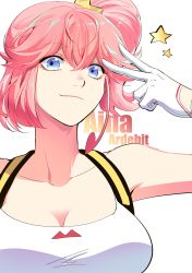 Rule 34 | 1girl, aina ardebit, bae (baebae), blue eyes, breasts, character name, cleavage, gloves, highres, large breasts, pink hair, promare, side ponytail, solo, suspenders, white gloves