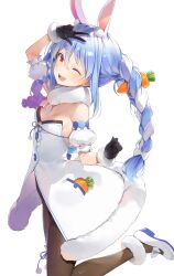 Rule 34 | 1girl, absurdres, animal ear fluff, animal ears, bare shoulders, black gloves, black leotard, blue hair, braid, breasts, bunny day, carrot hair ornament, coat, commentary request, detached sleeves, don-chan (usada pekora), food-themed hair ornament, fur collar, fur trim, gloves, hair ornament, highres, hololive, leotard, long hair, looking at viewer, medium breasts, official art, one eye closed, open mouth, pantyhose, rabbit ears, rabbit girl, rabbit tail, shoes, simple background, smile, solo, strapless, strapless leotard, tail, thick eyebrows, twin braids, twintails, usada pekora, usada pekora (1st costume), virtual youtuber, white background, white coat, yellow eyes, yuuki hagure