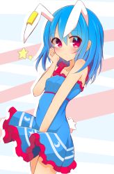 Rule 34 | 1girl, animal ears, blue dress, blue hair, rabbit ears, rabbit tail, commentary request, dress, dress tug, hand on own face, highres, inon, long hair, red eyes, seiran (touhou), short dress, solo, tail, touhou, wind, wind lift