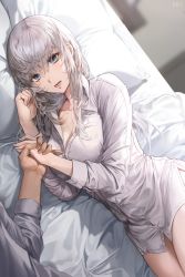 Rule 34 | 1girl, bad id, bad pixiv id, bed sheet, blouse, blue eyes, breasts, cleavage, collarbone, collared shirt, commentary request, dress shirt, dutch angle, hair between eyes, highres, holding hands, kim eb, large breasts, long hair, long sleeves, looking at viewer, lower teeth only, lying, mole, mole under eye, on bed, on side, open mouth, original, out of frame, pillow, shirt, silver hair, solo focus, teeth, toned, white shirt