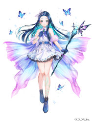 Rule 34 | 1girl, blue butterfly, blue footwear, blue gloves, blue hair, blue neckwear, bug, butterfly, butterfly hair ornament, company name, dress, earrings, full body, gloves, hair ornament, highres, bug, jewelry, leg tattoo, long hair, looking at viewer, momoshiki tsubaki, official art, purple eyes, shironeko project, smile, staff, standing, tattoo, white dress