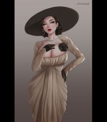 Rule 34 | 1girl, absurdres, alcina dimitrescu, artist name, black gloves, black hair, breasts, cleavage, commentary, dress, eyeshadow, gem, gloves, grey background, hand on own hip, hand on own chest, hat, highres, jewelry, large breasts, light smile, lips, lipstick, long dress, long sleeves, looking at viewer, makeup, necklace, nyiccco, pale skin, parted lips, pearl (gemstone), pearl necklace, red lips, resident evil, resident evil village, short hair, signature, simple background, solo, upper body, yellow eyes