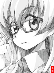 Rule 34 | 10s, 1girl, artist name, carpaccio (girls und panzer), closed mouth, coupy pencil (medium), girls und panzer, glasses, gofu, greyscale, long hair, looking to the side, monochrome, sketch, solo, traditional media, upper body, watermark, web address