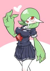 Rule 34 | 1girl, arm at side, blue shirt, blue skirt, blush, bob cut, breasts, clothed pokemon, colored skin, creatures (company), female focus, game freak, gardevoir, gen 3 pokemon, green hair, green skin, hair over one eye, hand up, happy, heart, kazamidoririnn, looking at viewer, medium breasts, miniskirt, multicolored skin, neckerchief, nintendo, one eye covered, open mouth, personification, pink background, pleated skirt, pokemon, pokemon (creature), red eyes, red neckerchief, sailor collar, school uniform, serafuku, shiny clothes, shiny skin, shirt, short hair, short sleeves, simple background, skirt, smile, solo, standing, thighs, two-tone background, two-tone skin, variant set, white sailor collar, white skin
