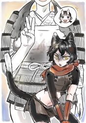 Rule 34 | 2girls, anger vein, animal ears, armor, black hair, body fur, brown skirt, cat ears, cat girl, cat tail, co1fee, commentary, cowboy shot, crop top, dungeon meshi, english commentary, fang, head out of frame, height difference, highres, horns, inutade, izutsumi, japanese armor, japanese clothes, kimono, leaning forward, leather armor, long hair, looking at viewer, low twintails, midriff, mismatched animal ear colors, multiple girls, navel, oni, open mouth, partially colored, red scarf, scarf, short hair, short kimono, skirt, sleeveless, spoken character, tail, thick thighs, thighs, twintails, v, yellow eyes