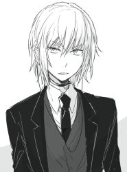 Rule 34 | 1boy, accelerator (toaru majutsu no index), anninn do fu, black jacket, black necktie, blazer, buttons, collared shirt, commentary request, electrodes, grey background, jacket, lapels, looking at viewer, male focus, necktie, notched lapels, open mouth, shirt, solo, toaru majutsu no index, two-tone background, upper body, white background, white hair