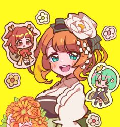 Rule 34 | 3girls, :d, :o, akino kaede, aqua eyes, black coat, blunt bangs, blush, bouquet, buttons, chibi, chibi inset, closed mouth, coat, collared shirt, commentary, dot nose, flower, flower (symbol), green eyes, green hair, hair flower, hair ornament, hairband, haruna konomi, highres, holding, holding bouquet, lily of the valley, looking at another, looking at viewer, magia record: mahou shoujo madoka magica gaiden, magical girl, mahou shoujo madoka magica, multicolored hair, multiple girls, natsume kako, no nose, open mouth, orange coat, orange flower, orange hair, puffy short sleeves, puffy sleeves, red eyes, red hair, shirt, short hair, short sleeves, smile, sticker, streaked hair, symbol-only commentary, takenoko mgrc, teeth, two side up, upper teeth only, white shirt, yellow background