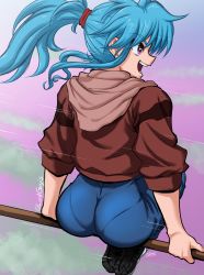 Rule 34 | 1girl, absurdres, artist request, ass, back, blue hair, botan (yu yu hakusho), breasts, curvy, eyes visible through hair, hair between eyes, high ponytail, highres, huge ass, jacket, long hair, looking away, looking to the side, motion lines, open mouth, pants, pantylines, ponytail, purple eyes, riding, shiny skin, shoes, simple background, sitting, solo, very long hair, white background, yuu yuu hakusho