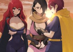 Rule 34 | 3girls, ahonoko, arms under breasts, bare shoulders, bodysuit, breasts, brown eyes, brown hair, cape, choker, cleavage, clothing cutout, cowboy shot, facial mark, fingerless gloves, fire emblem, fire emblem: the blazing blade, fire emblem engage, fire emblem fates, gloves, hair ornament, hair over one eye, holding, holding map, kagero (fire emblem), large breasts, leila (fire emblem), long hair, map, medium breasts, multiple girls, ninja, nintendo, outdoors, ponytail, purple bodysuit, red eyes, red hair, scarf, short hair, side cutout, star (symbol), star facial mark, star hair ornament, sunset, thighs, yellow cape, yellow scarf, yunaka (fire emblem)