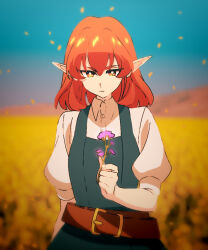Rule 34 | 1girl, belt, belt buckle, blue overalls, blue sky, blurry, blurry background, breasts, bright pupils, buckle, commentary request, field, flower, flower field, hair between eyes, helck, highres, holding, holding flower, irohasu (sasagarasu), orange eyes, orange hair, outdoors, overalls, pointy ears, purple flower, shirt, sky, small breasts, solo, vermilio (helck), white pupils, white shirt