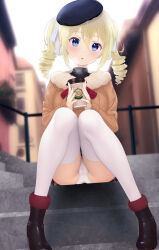 Rule 34 | 1girl, :o, angelina kudou shields, beret, black hat, blonde hair, blue eyes, blush, boots, bow, breath, cameltoe, cleft of venus, coat, coffee, coffee cup, cup, disposable cup, drill hair, hair ribbon, hat, high heel boots, high heels, highres, holding, holding cup, looking at viewer, mahouka koukou no rettousei, nanikairu, outdoors, paid reward available, panties, pantyshot, red bow, ribbon, sitting, solo, stairs, thighhighs, twin drills, underwear, white panties, white ribbon, white thighhighs