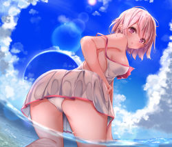 Rule 34 | 1girl, ass, bare shoulders, bikini, blue sky, blush, breasts, day, dress swimsuit, fate/grand order, fate (series), hair over one eye, large breasts, light purple hair, looking at viewer, looking back, mash kyrielight, mash kyrielight (swimsuit of perpetual summer), ocean, official alternate costume, open mouth, panties, purple eyes, sashima, short hair, sky, solo, swimsuit, thighs, underwear, white bikini, white panties