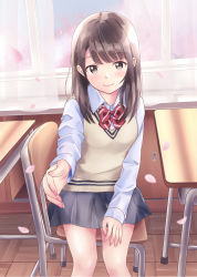 Rule 34 | 1girl, bikini, blush, bow, bowtie, breasts, brown eyes, brown hair, chair, closed mouth, collared shirt, commentary request, curtains, desk, diagonal stripes, grey skirt, highres, indoors, long hair, long sleeves, looking at viewer, original, outstretched arm, petals, pleated skirt, red bikini, red bow, red bowtie, school chair, school desk, school uniform, shirt, sitting, skirt, small breasts, smile, solo, striped, striped bow, sweater vest, swimsuit, transparent, white shirt, window, yukimaru217