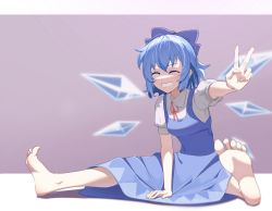 Rule 34 | 1girl, ^ ^, barefoot, blue bow, blue dress, blue hair, blue headwear, bow, cirno, closed eyes, collared shirt, dress, esthoric, hair bow, highres, ice, ice wings, long dress, pinafore dress, puffy short sleeves, puffy sleeves, purple background, red ribbon, ribbon, shirt, short hair, short sleeves, sleeveless dress, smile, teeth, touhou, v, white shirt, wings