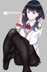 Rule 34 | 10s, 1girl, adjusting hair, black hair, black pantyhose, blazer, blue eyes, bow, cardigan, closed mouth, commentary request, grey background, gridman universe, highres, holding, holding own hair, jacket, long hair, long sleeves, looking at viewer, microskirt, orange scrunchie, pantyhose, pleated skirt, red bow, saitou (lynx-shrike), school uniform, scrunchie, shirt, sitting, skirt, ssss.gridman, sweater, takarada rikka, thighband pantyhose, white cardigan, white shirt, white sweater, wrist scrunchie