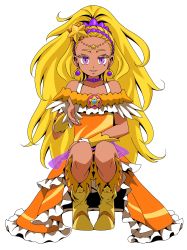 Rule 34 | 1girl, absurdres, amamiya elena, blonde hair, collarbone, colored eyelashes, cure soleil, dark-skinned female, dark skin, dress, ebura din, full body, hair ornament, highres, jewelry, long hair, looking at viewer, magical girl, mole, mole under eye, necklace, orange dress, parted lips, ponytail, precure, purple eyes, simple background, solo, standing, star (symbol), star hair ornament, star twinkle precure, very long hair, white background, yellow footwear