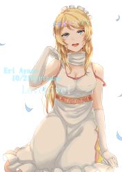 Rule 34 | 1girl, :d, amekawa setsu, ayase eli, birthday, blonde hair, blue eyes, breasts, character name, cleavage, copyright name, dress, earrings, elbow gloves, gloves, head wreath, highres, jewelry, kneeling, looking at viewer, love live!, love live! school idol festival, love live! school idol project, maid headdress, medium breasts, off shoulder, open mouth, petals, simple background, sleeveless, sleeveless dress, smile, solo, white background, white dress, white gloves