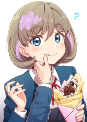 Rule 34 | 1girl, 1other, ?, blazer, blue eyes, blush, bob cut, brown hair, chocolate, closed mouth, collared shirt, commentary request, cream, crepe, deadnooodles, dress shirt, food, food on face, highres, holding, jacket, long sleeves, looking at viewer, love live!, love live! superstar!!, multicolored hair, neck ribbon, oreo, outline, pink hair, red ribbon, ribbon, shirt, short hair, simple background, solo focus, tang keke, two-tone hair, upper body, white background, white outline, white shirt, wiping face