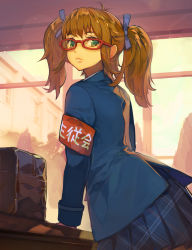 Rule 34 | 1girl, arm support, armband, bag, blue jacket, blue ribbon, blue skirt, brown hair, classroom, closed mouth, commentary request, commission, dusk, glasses, green eyes, hair ribbon, hide (hideout), highres, indoors, jacket, long hair, long sleeves, looking at viewer, original, plaid, plaid skirt, pleated skirt, red-framed eyewear, red armband, ribbon, school bag, school uniform, skeb commission, skirt, solo, twintails, window