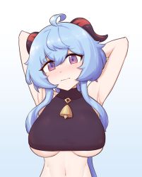 Rule 34 | 1girl, ahoge, armpits, arms up, bell, blue hair, blush, breasts, ganyu (genshin impact), genshin impact, horns, large breasts, liveactors, long hair, looking at viewer, navel, neck bell, paid reward available, purple eyes, sidelocks, solo, underboob, upper body, wavy mouth